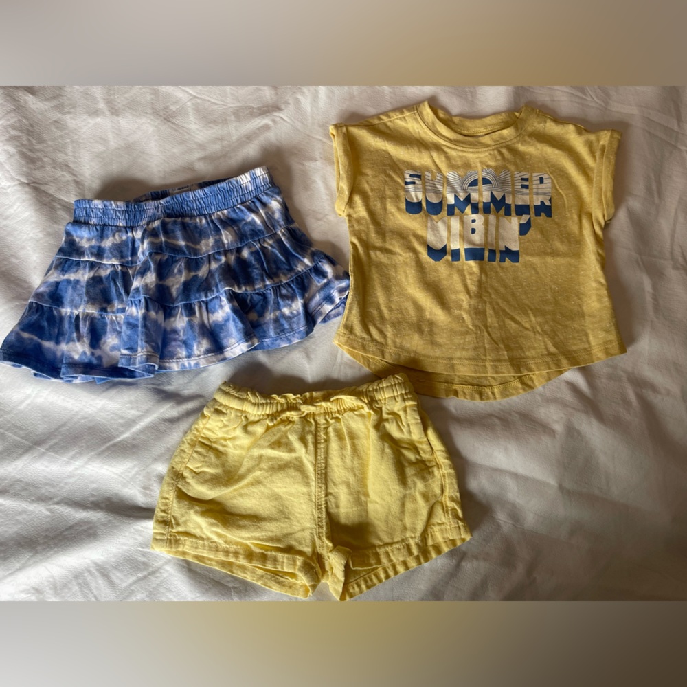 Old Navy Yellow Baby Shorts, Cute Top and a Tie Dye Skort